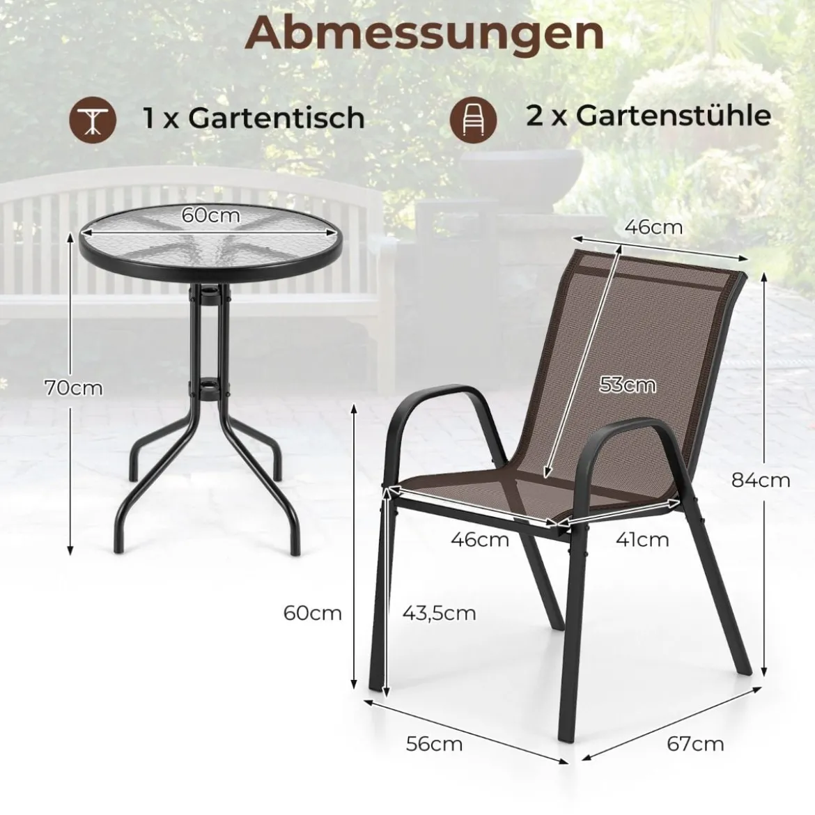 3tlg. Balkonmöbel Set Bistrotisch mit 2 Stapelbare Stühlen Bistroset Balkonset Gartenset Braun