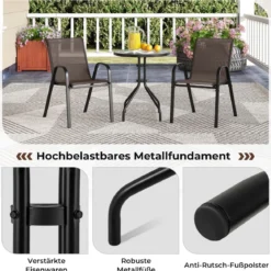 3tlg. Balkonmöbel Set Bistrotisch mit 2 Stapelbare Stühlen Bistroset Balkonset Gartenset Braun