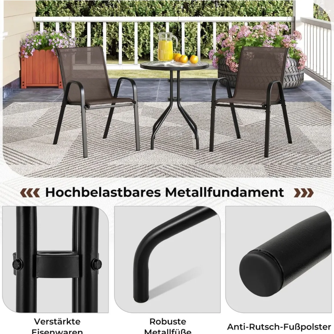 3tlg. Balkonmöbel Set Bistrotisch mit 2 Stapelbare Stühlen Bistroset Balkonset Gartenset Braun