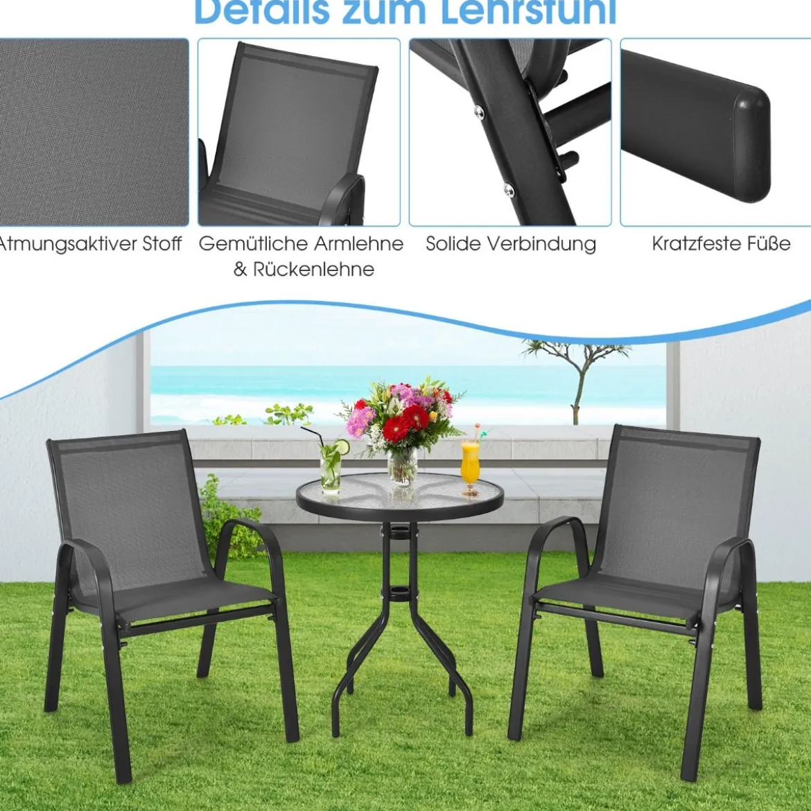 3tlg. Balkonmöbel Set Bistrotisch mit 2 Stapelbare Stühlen Balkonset Gartenset Gartengarnitur