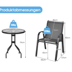 3tlg. Balkonmöbel Set Bistrotisch mit 2 Stapelbare Stühlen Balkonset Gartenset Gartengarnitur
