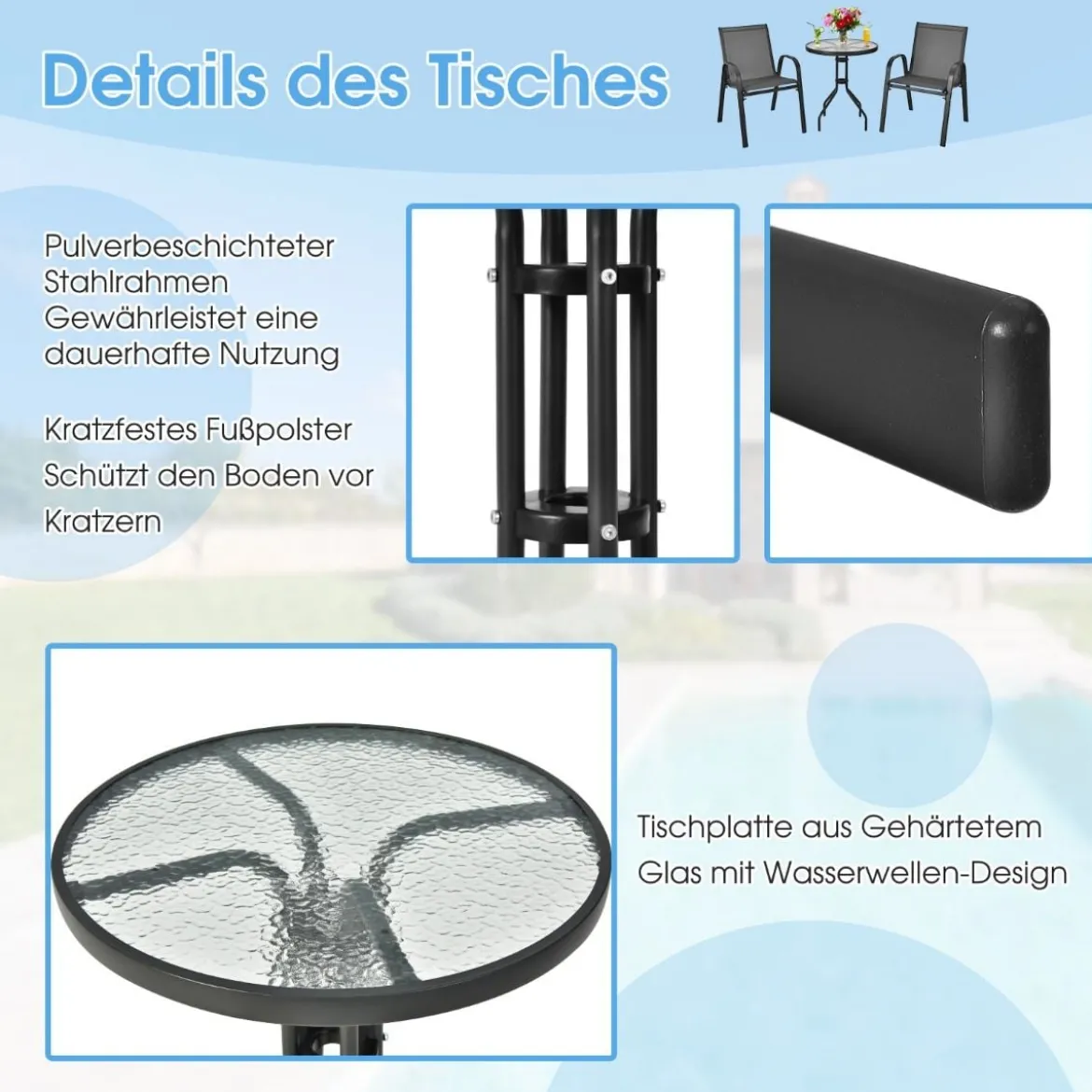 3tlg. Balkonmöbel Set Bistrotisch mit 2 Stapelbare Stühlen Balkonset Gartenset Gartengarnitur