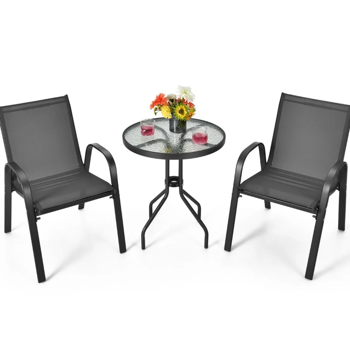 3tlg. Balkonmöbel Set Bistrotisch mit 2 Stapelbare Stühlen Balkonset Gartenset Gartengarnitur