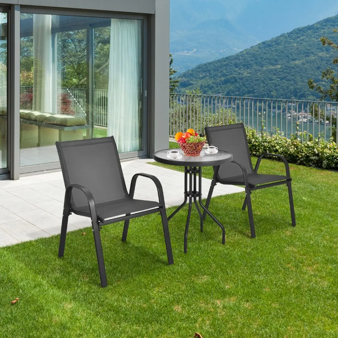 3tlg. Balkonmöbel Set Bistrotisch mit 2 Stapelbare Stühlen Balkonset Gartenset Gartengarnitur