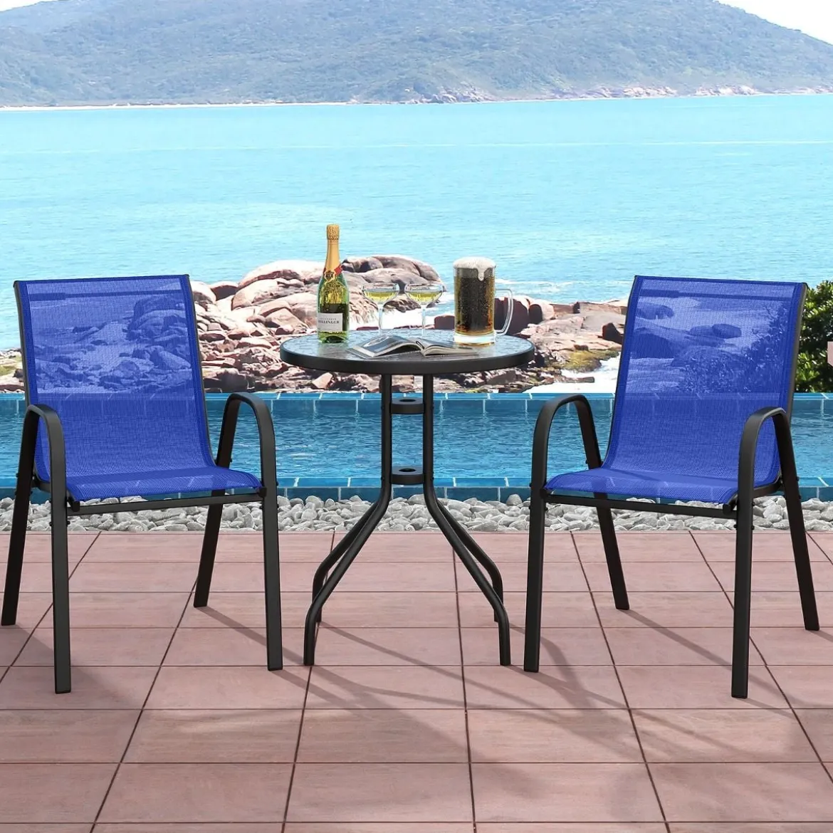 3tlg. Balkonmöbel Set Bistrotisch mit 2 Stapelbare Stühlen Bistroset Balkonset Gartenset Blau