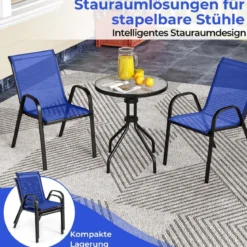 3tlg. Balkonmöbel Set Bistrotisch mit 2 Stapelbare Stühlen Bistroset Balkonset Gartenset Blau