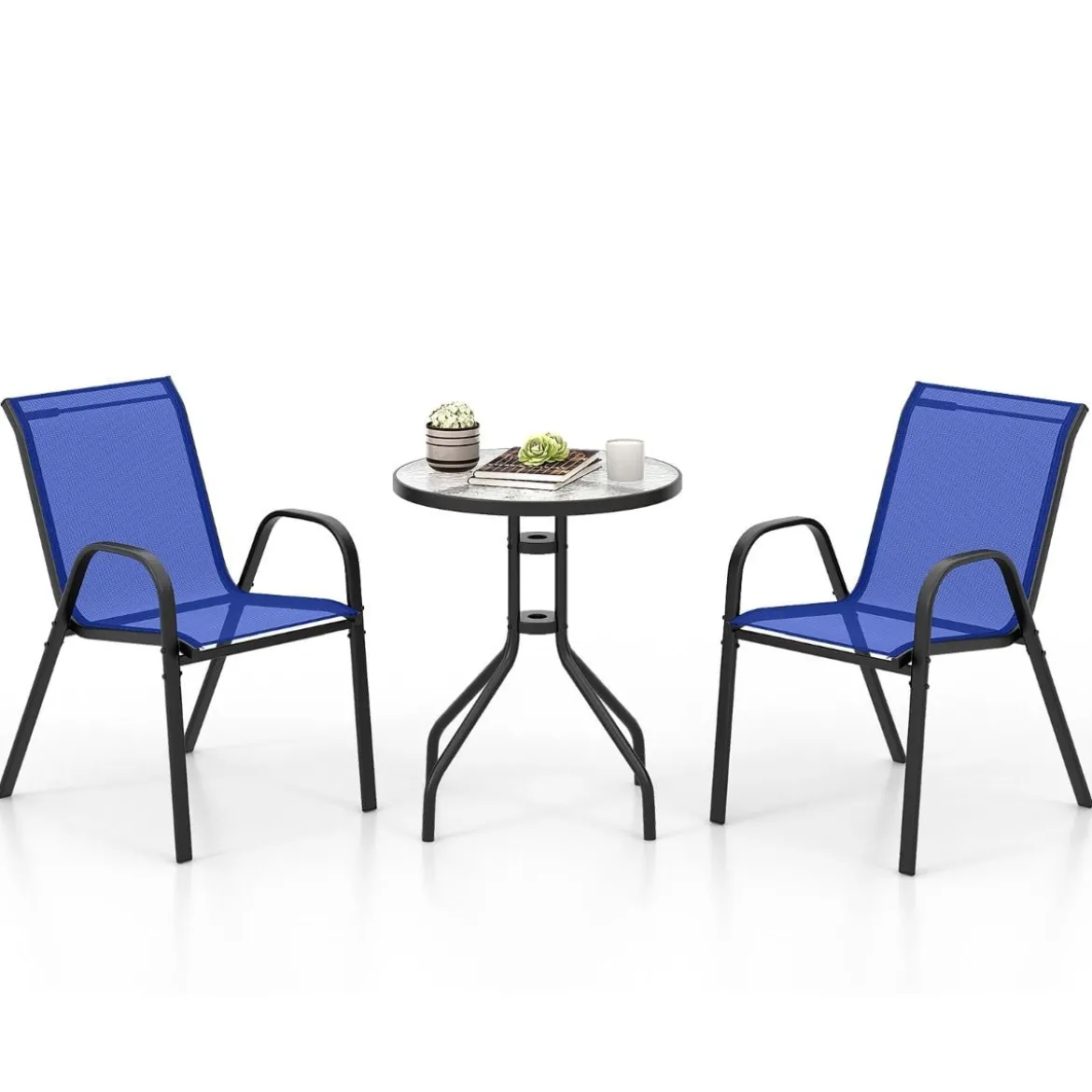3tlg. Balkonmöbel Set Bistrotisch mit 2 Stapelbare Stühlen Bistroset Balkonset Gartenset Blau