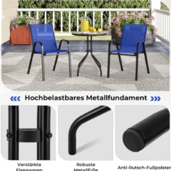 3tlg. Balkonmöbel Set Bistrotisch mit 2 Stapelbare Stühlen Bistroset Balkonset Gartenset Blau