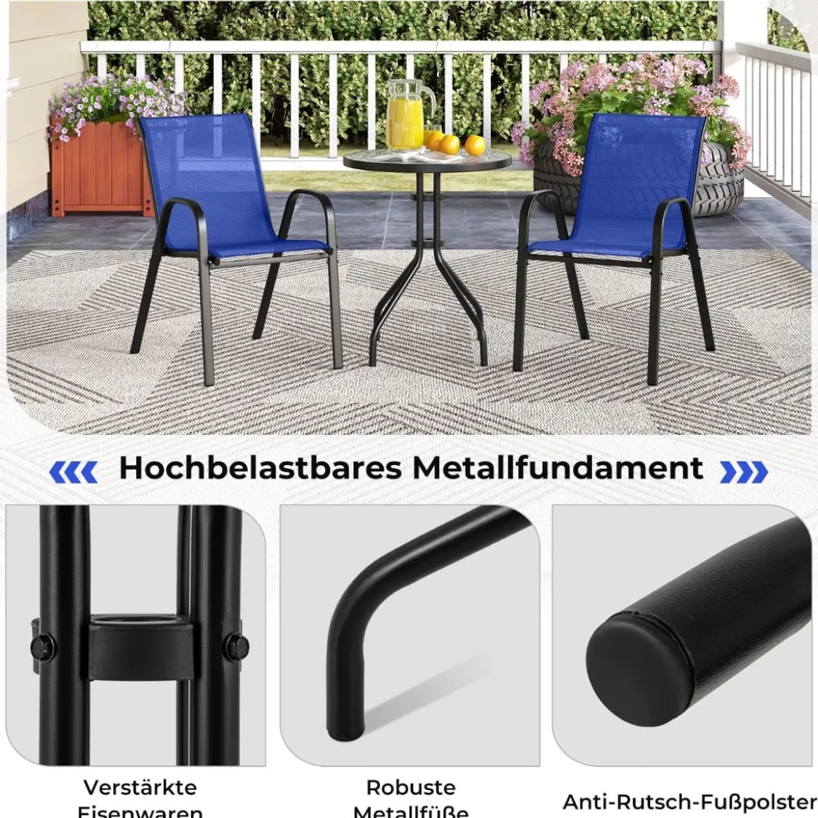 3tlg. Balkonmöbel Set Bistrotisch mit 2 Stapelbare Stühlen Bistroset Balkonset Gartenset Blau