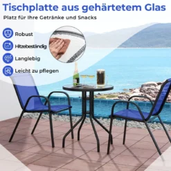 3tlg. Balkonmöbel Set Bistrotisch mit 2 Stapelbare Stühlen Bistroset Balkonset Gartenset Blau