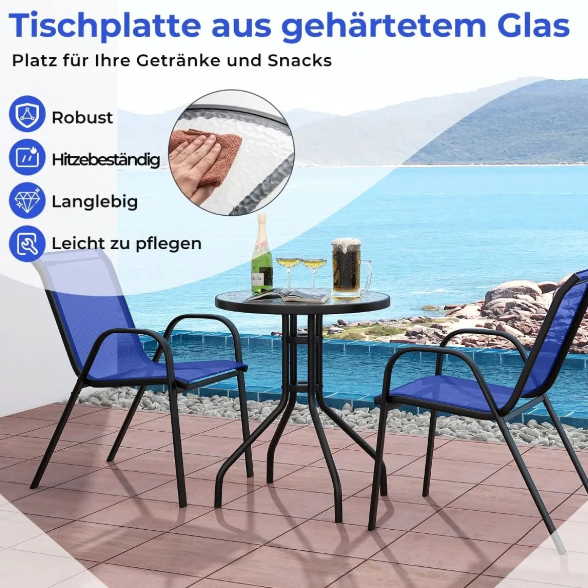 3tlg. Balkonmöbel Set Bistrotisch mit 2 Stapelbare Stühlen Bistroset Balkonset Gartenset Blau