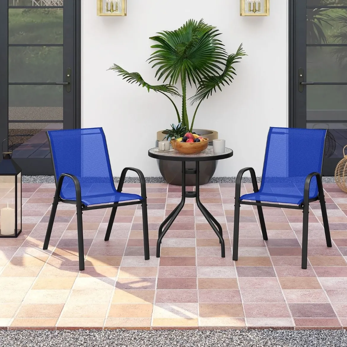 3tlg. Balkonmöbel Set Bistrotisch mit 2 Stapelbare Stühlen Bistroset Balkonset Gartenset Blau