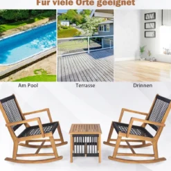 3tlg. Bistroset 2 Schaukelstühlen & Beistelltisch aus Akazienholz Balkonset Sitzgarnitur