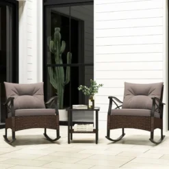 3tlg. Gartenmöbel Set aus PE-Polyrattan inkl. 2 Schaukelstühle mit Kissen & Tisch Balkonmöbel