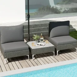 3-TLG Gartenmöbel Set Rattan Balkonmöbel-Set mit 2 Stühle inkl. Sitzkissen & Tisch Sitzgruppe Grau