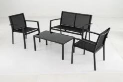 4 TLG. Gartenmöbel Set Sitzgruppe mit Gartenbank 2 Sessel & Glastisch Terrassenmöbel mit Metallrahmen
