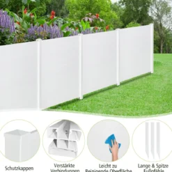 2 TLG. Gartenzaun mit Pfosten & Schutzkappen 124 cm Hoch PVC Sichtschutzzaun Steckzaun Weiß