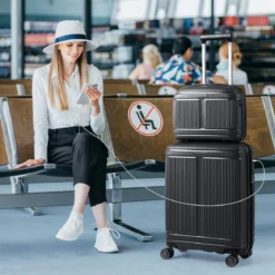 2 tlg. Gepäckset inkl 20" Handgepäckkoffer & 14" Kosmetikkoffer PP Hartschalengepäck Schwarz