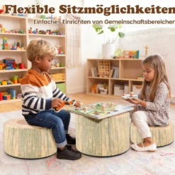 3 tlg. Kinder Baumstumpf Hocker Set mit Holzmuster & Unterschiedliche Höhen Bodenkissen Grün