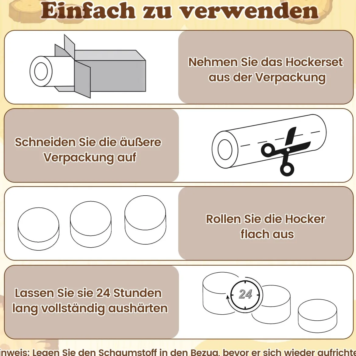 3 tlg. Kinder Baumstumpf Hocker Set mit Holzmuster & Unterschiedliche Höhen Bodenkissen Braun