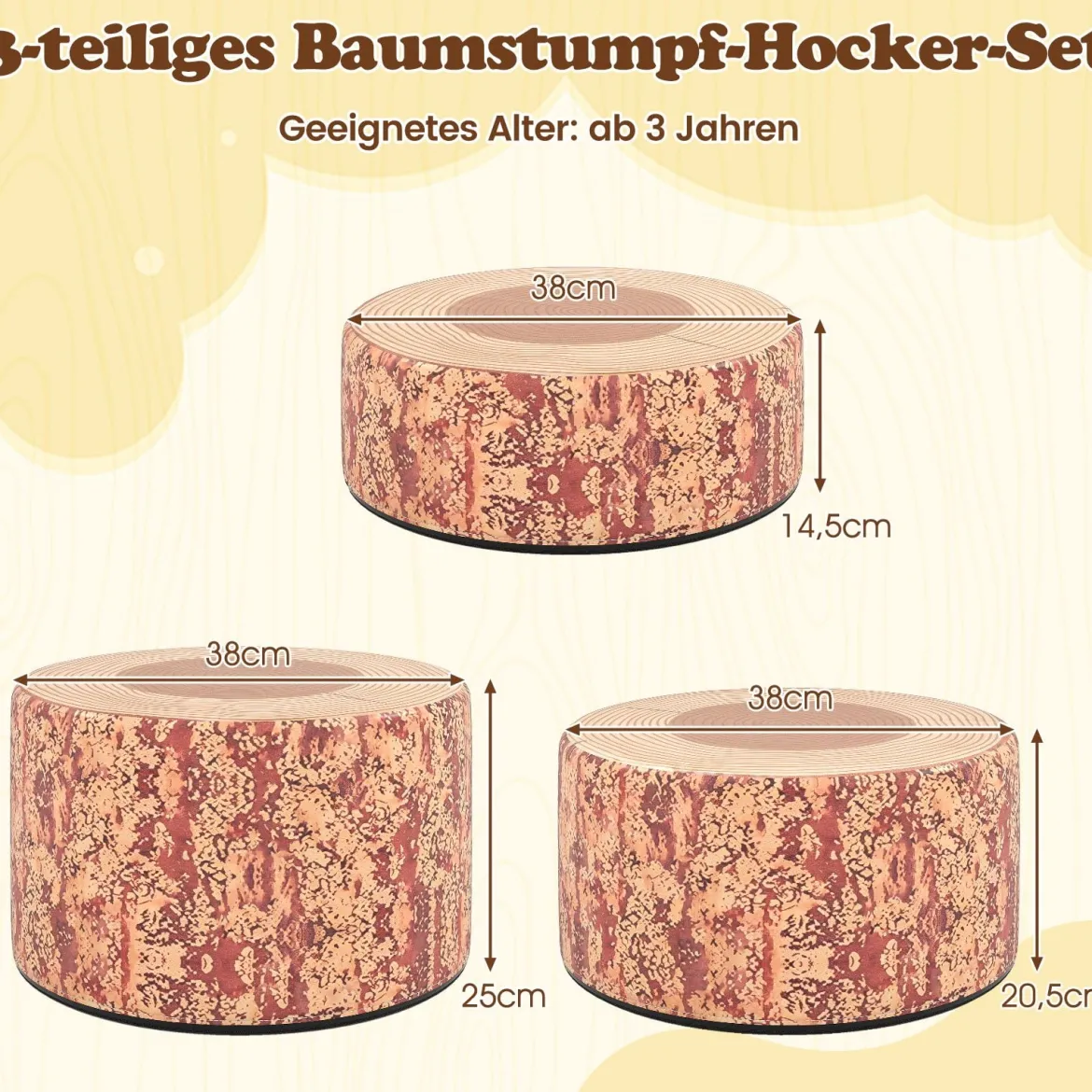 3 tlg. Kinder Baumstumpf Hocker Set mit Holzmuster & Unterschiedliche Höhen Bodenkissen Braun