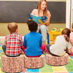 3 tlg. Kinder Baumstumpf Hocker Set mit Holzmuster & Unterschiedliche Höhen Bodenkissen Braun