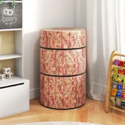 3 tlg. Kinder Baumstumpf Hocker Set mit Holzmuster & Unterschiedliche Höhen Bodenkissen Braun