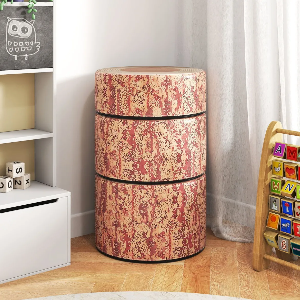 3 tlg. Kinder Baumstumpf Hocker Set mit Holzmuster & Unterschiedliche Höhen Bodenkissen Braun