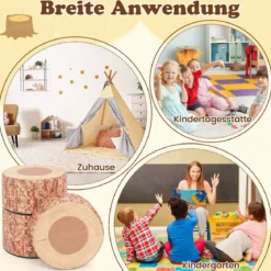 3 tlg. Kinder Baumstumpf Hocker Set mit Holzmuster & Unterschiedliche Höhen Bodenkissen Braun