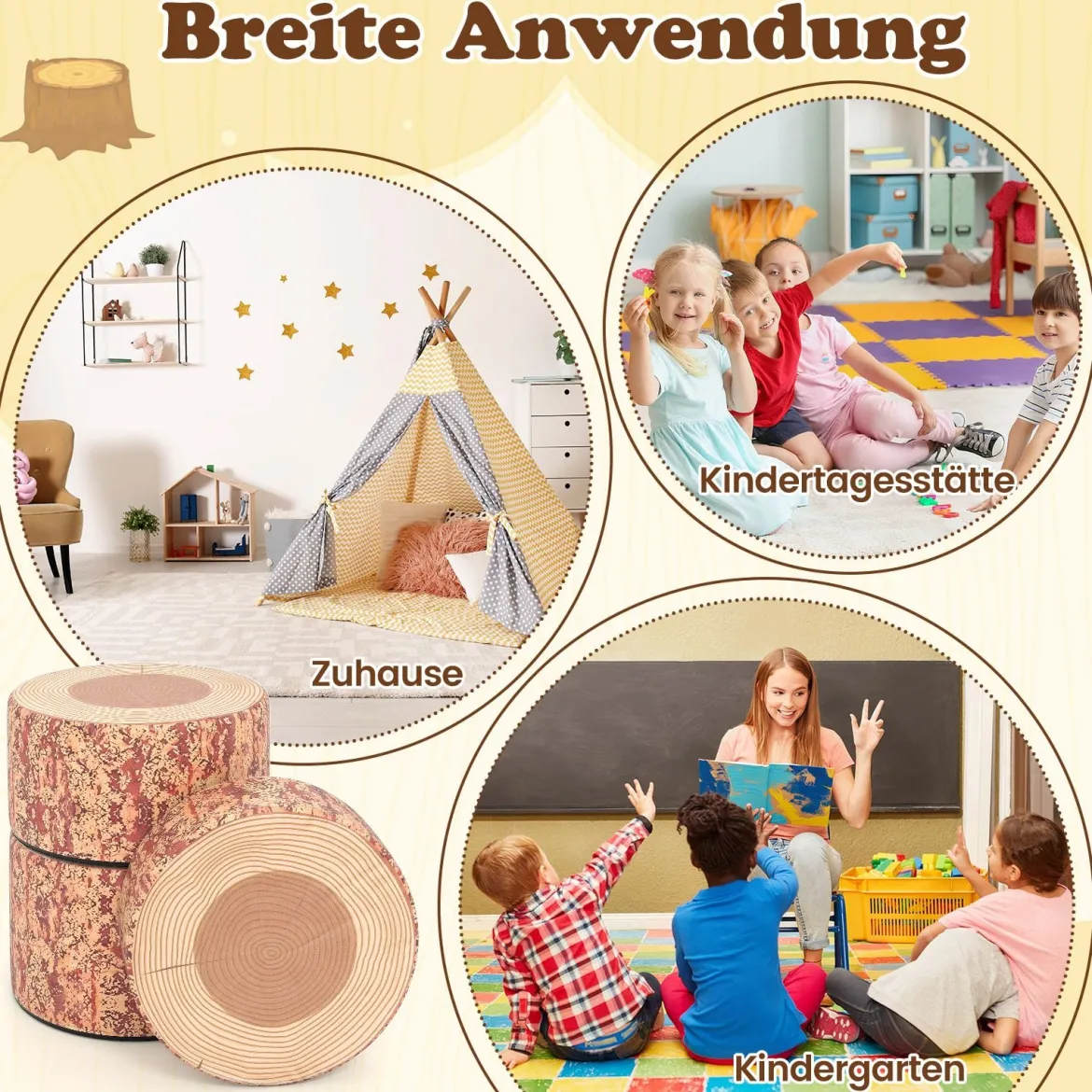 3 tlg. Kinder Baumstumpf Hocker Set mit Holzmuster & Unterschiedliche Höhen Bodenkissen Braun
