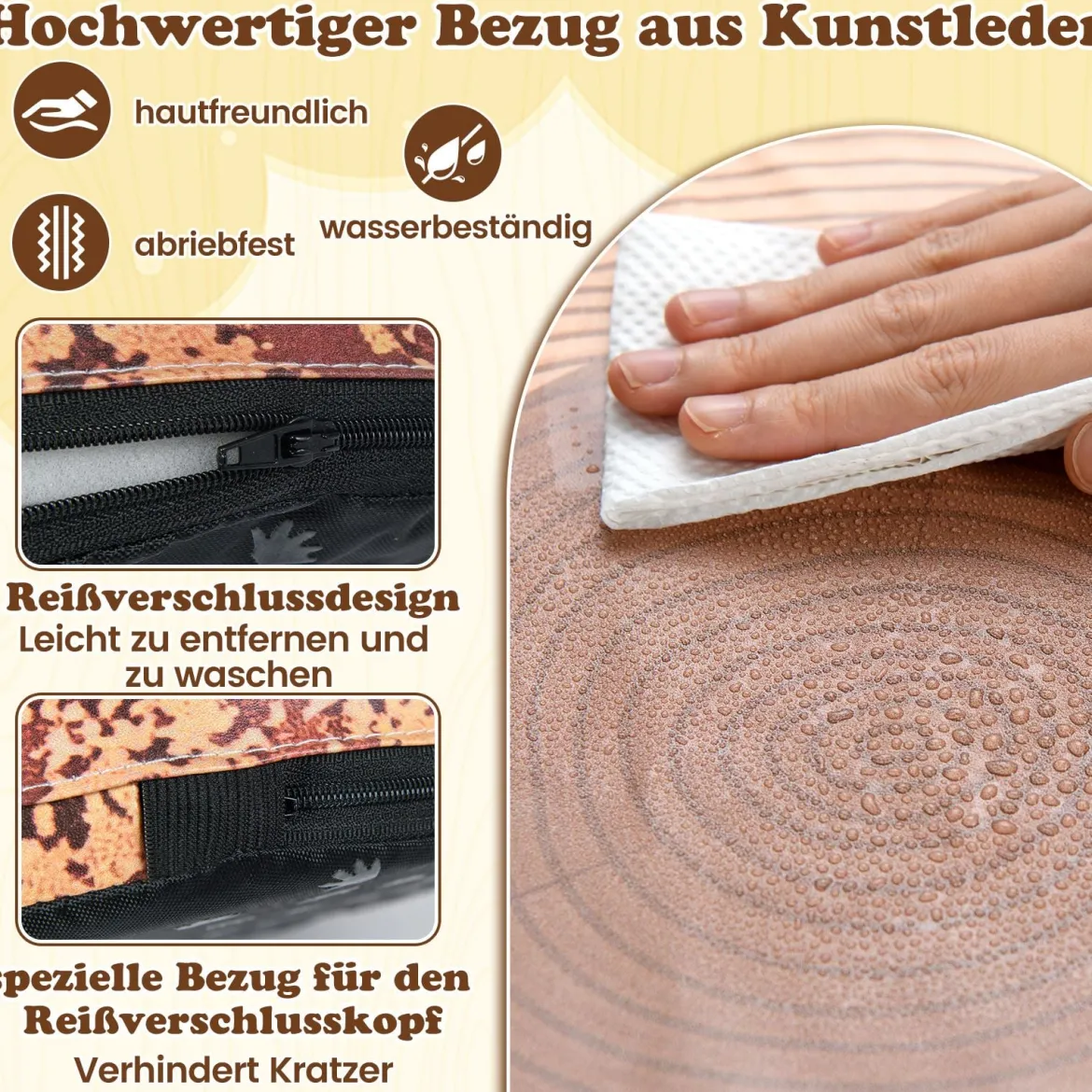 3 tlg. Kinder Baumstumpf Hocker Set mit Holzmuster & Unterschiedliche Höhen Bodenkissen Braun