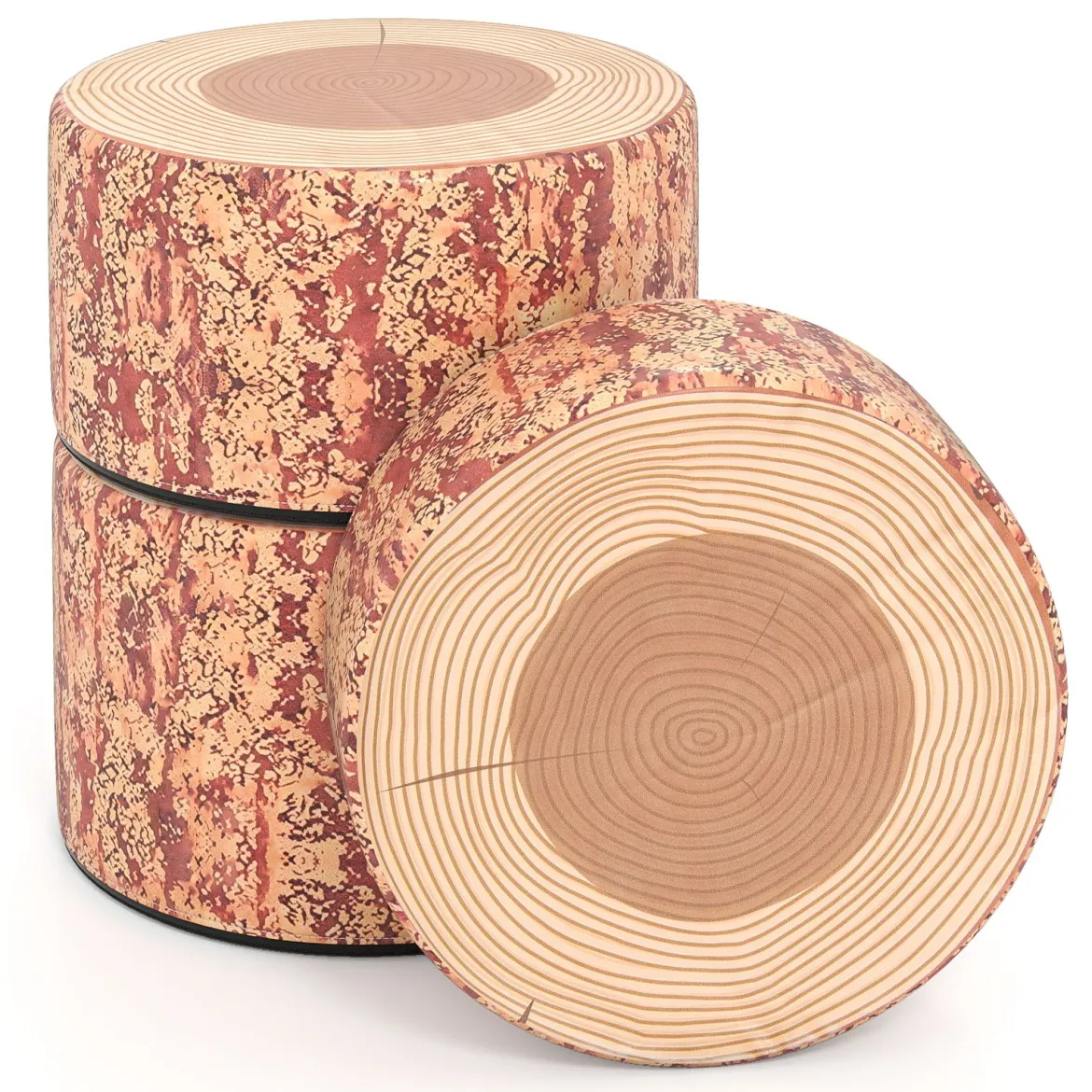 3 tlg. Kinder Baumstumpf Hocker Set mit Holzmuster & Unterschiedliche Höhen Bodenkissen Braun