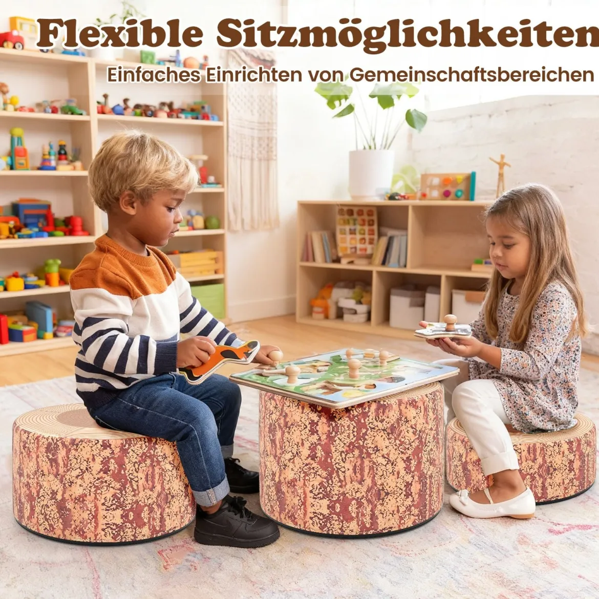 3 tlg. Kinder Baumstumpf Hocker Set mit Holzmuster & Unterschiedliche Höhen Bodenkissen Braun