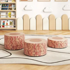 3 tlg. Kinder Baumstumpf Hocker Set mit Holzmuster & Unterschiedliche Höhen Bodenkissen Braun