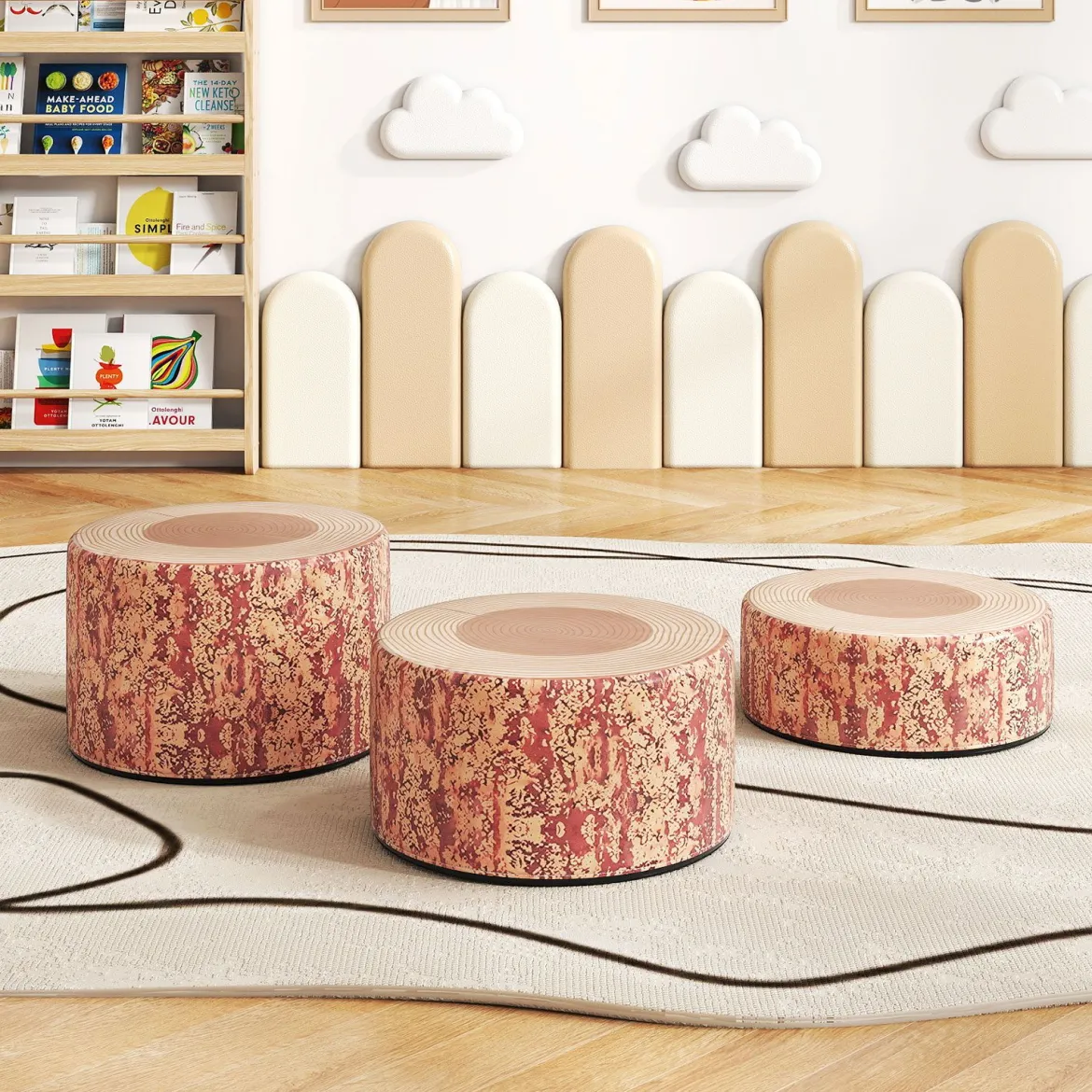 3 tlg. Kinder Baumstumpf Hocker Set mit Holzmuster & Unterschiedliche Höhen Bodenkissen Braun