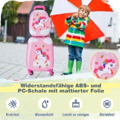 2tlg Kinderkoffer + Rucksack aus Kunststoff Kindertrolley Kindergepäck 12"+16" Rosa Unicorn