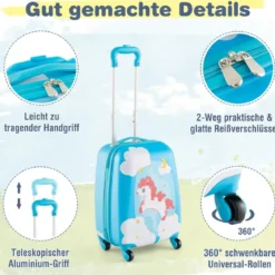 2tlg Kinderkoffer + Rucksack aus Kunststoff Kindertrolley Kindergepäck 12"+16" Blau Pferd