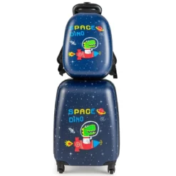 2 tlg Kinderkoffer + Rucksack Kindertrolley aus Kunststoff Kinder Kofferset Weltraum-Dinosaurier