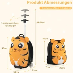 2 TLG Kinderkoffer & Rucksack mit Rollen & 3 stufigem Teleskopgriff 12”+16” Kindertrolley Tiger