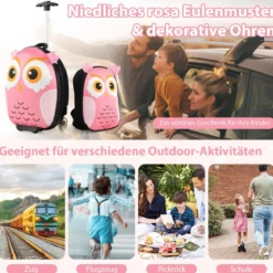 2 TLG Kinderkoffer & Rucksack mit Rollen & 3 stufigem Teleskopgriff 12”+16” Kindertrolley Eule
