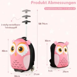 2 TLG Kinderkoffer & Rucksack mit Rollen & 3 stufigem Teleskopgriff 12”+16” Kindertrolley Eule