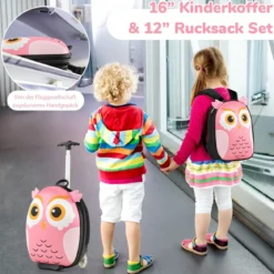 2 TLG Kinderkoffer & Rucksack mit Rollen & 3 stufigem Teleskopgriff 12”+16” Kindertrolley Eule