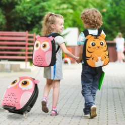 2 TLG Kinderkoffer & Rucksack mit Rollen & 3 stufigem Teleskopgriff 12”+16” Kindertrolley Eule