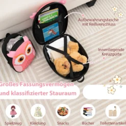 2 TLG Kinderkoffer & Rucksack mit Rollen & 3 stufigem Teleskopgriff 12”+16” Kindertrolley Eule