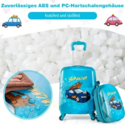 2tlg Kinderkoffer Set Kindergepäck mit Rädern 17" Handgepäck & 13" Hartschalen-Rucksack Blau Auto