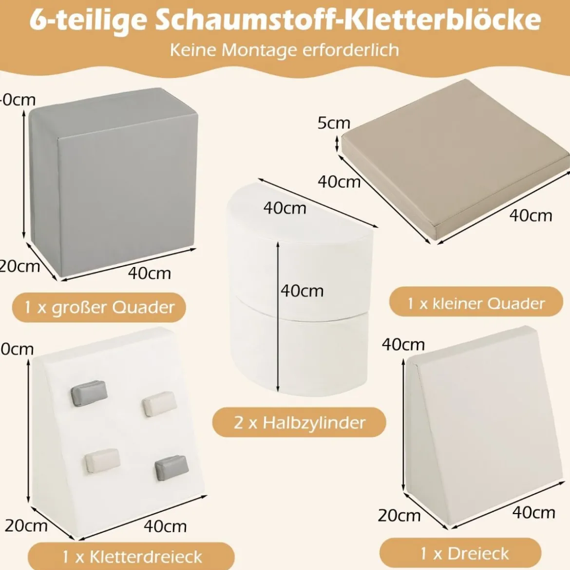 6 TLG. Kinder Schamstoff Bausteine mit Kletterfelsen zum Klettern & Krabbeln mit Klettverschlüsse
