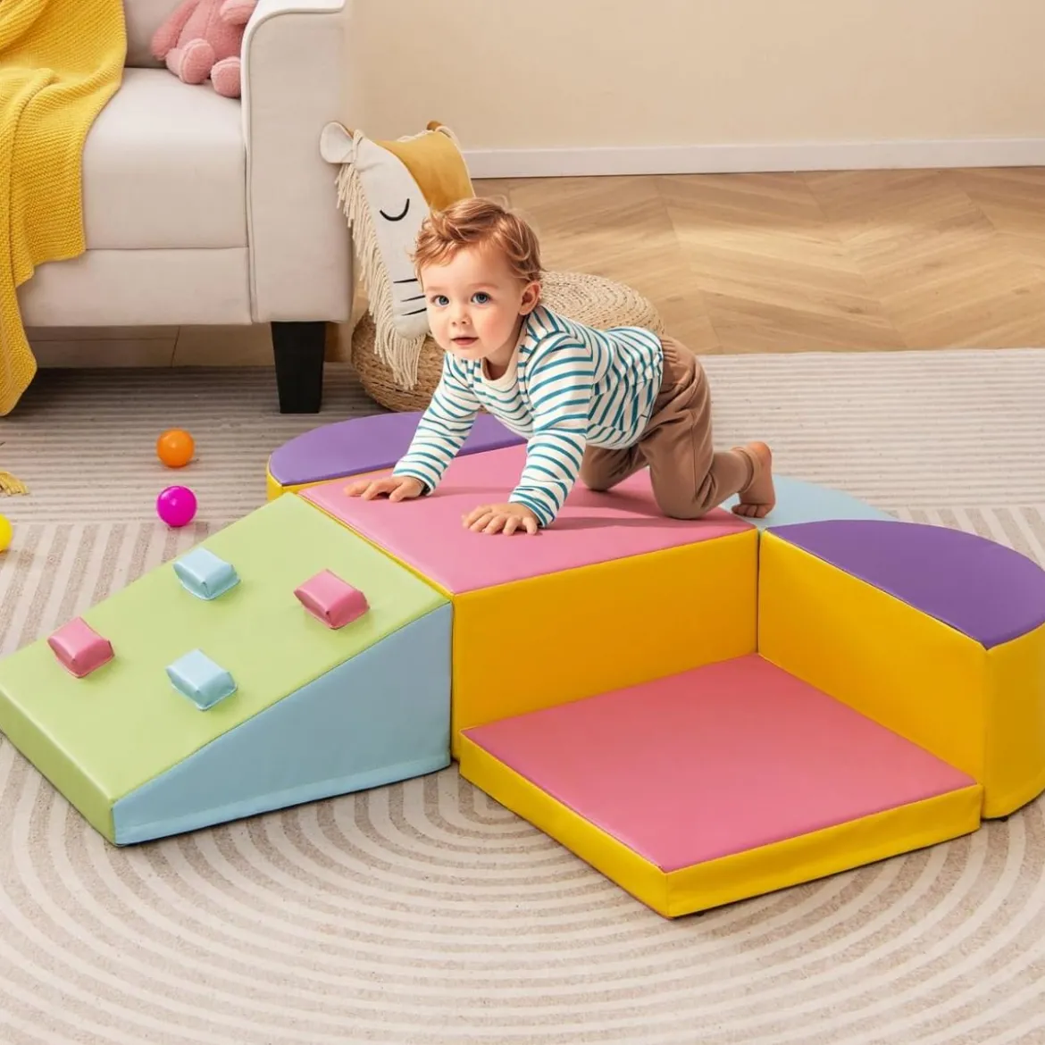 6 TLG. Kinder Schamstoff Bausteine mit Kletterfelsen zum Klettern & Krabbeln mit Klettverschlüsse