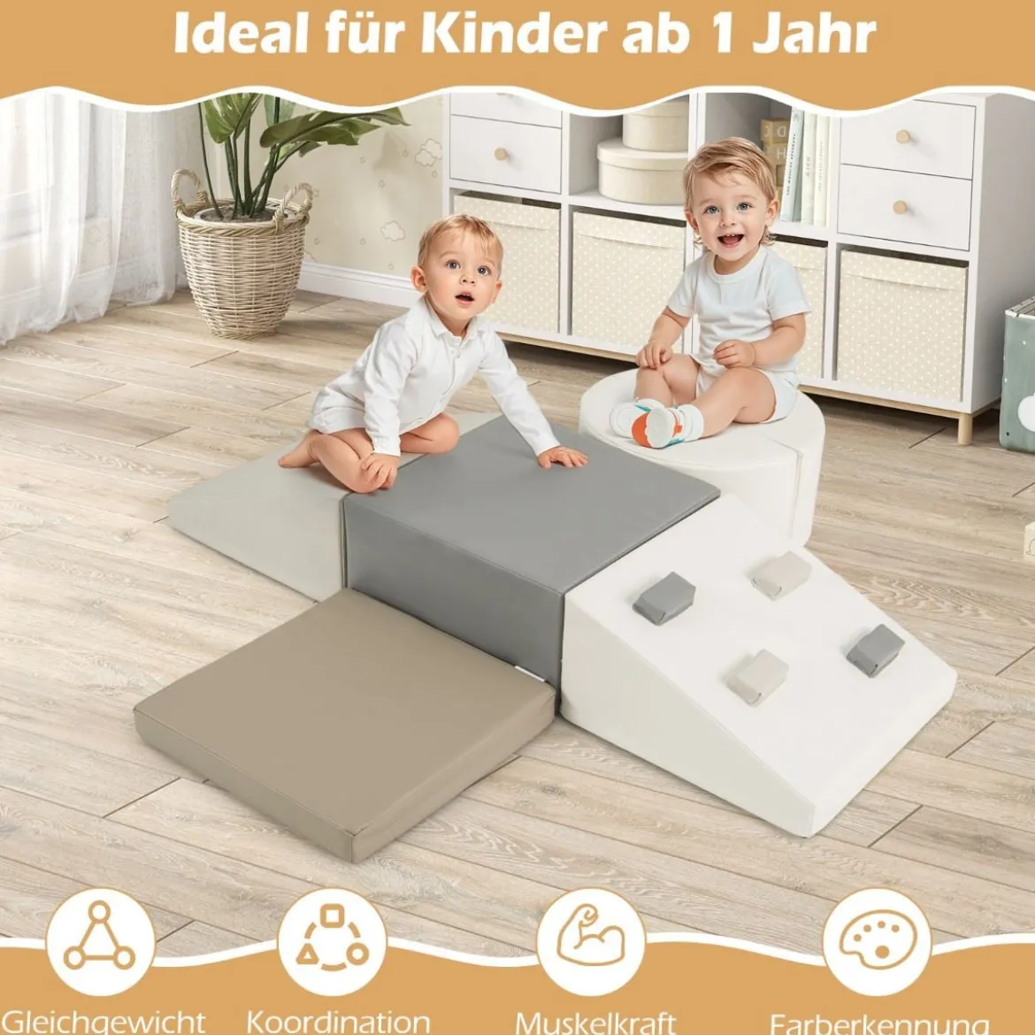 6 TLG. Kinder Schamstoff Bausteine mit Kletterfelsen zum Klettern & Krabbeln mit Klettverschlüsse