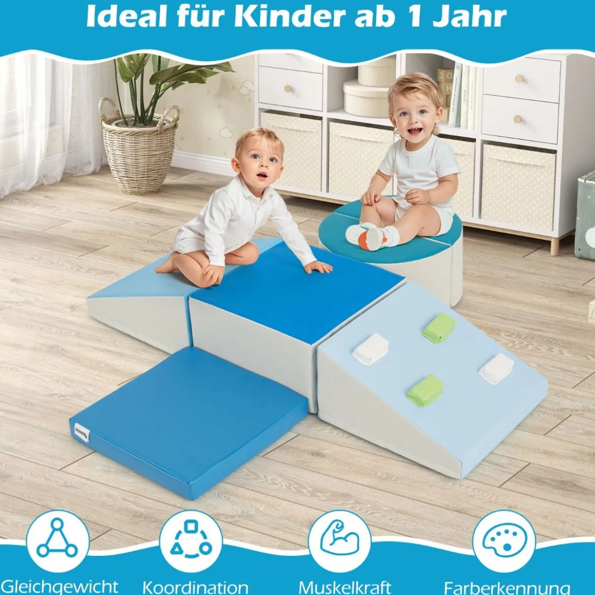 6 TLG. Kinder Schamstoff Bausteine mit Kletterfelsen zum Klettern & Krabbeln mit Klettverschlüsse
