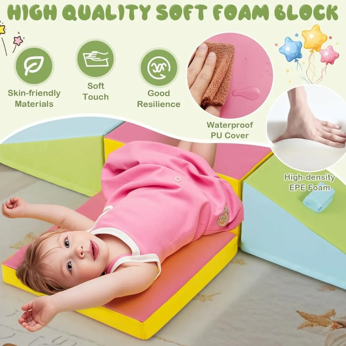 6 TLG. Kinder Schamstoff Bausteine mit Kletterfelsen zum Klettern & Krabbeln mit Klettverschlüsse